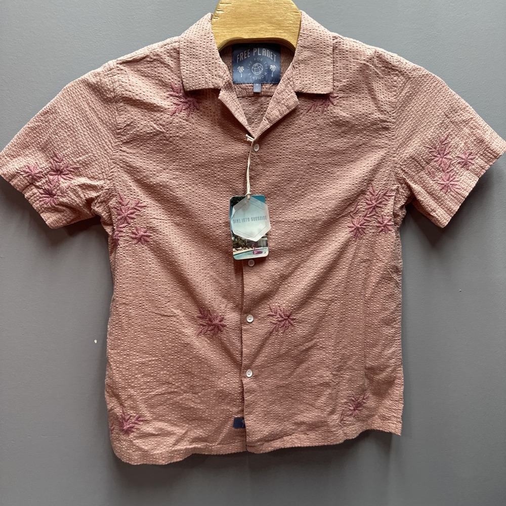 Free Planet Mens Misty Rose Pink Embroidered Seersucker Button Down Shirt M NEW